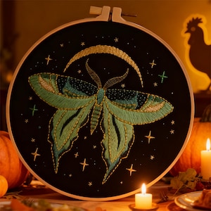 Op de afbeelding: Geborduurd kunstwerk met een mot met teal en gouden details op een zwarte achtergrond, in een houten borduurring. Het ontwerp bevat sterren en een halve maan. Een decoratief stuk met een hemels thema.