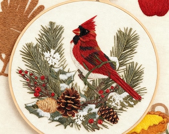 Christmas Cardinal Hand Embroidery Full Kit for Beginners - DIY Winter Bird Craft Kit with Preprinted Fabric, Threads & Hoop