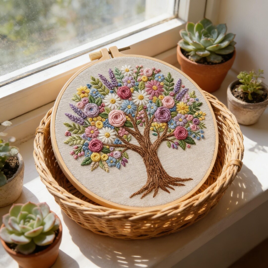 Hand Embroidered Floral Tree Hoop Art, Handmade Wall Decor, Custom ...