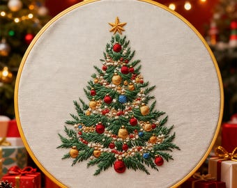 クリスマスツリー刺繍フルキット - プリント済み生地、刺繍枠、糸、針、説明書がセットになったホリデークラフトセット