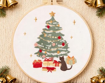 Weihnachtsbaum Handstickerei Komplettset für Anfänger - DIY Urlaub Katze & Geschenke Nadelspitzen Handwerk Set mit Hoop