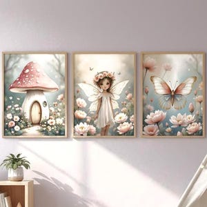 May include: Three framed watercolour prints with a whimsical theme. One print depicts a mushroom house, another a fairy, and the third a butterfly. The room also includes a wooden shelf, stuffed animals, and a play tent.