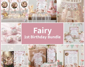 May include: A collection of fairy-themed party supplies for a first birthday. The set includes a banner, invitations, gift boxes, a cake, and a high chair banner. The color scheme is soft pink and white with fairy illustrations. The text "Fairy 1st Birthday Bundle" is visible.