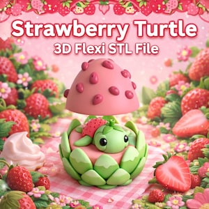 Peut inclure: Une figurine imprimée en 3D représentant une tortue fraise. La tortue est verte avec une carapace de fraise, nichée dans des feuilles vertes. Le design comprend un dôme rose en forme de fraise. Le texte indique "Strawberry Turtle" et "3D Flexi STL File".