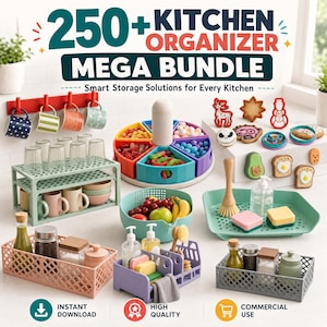 May include: A 250+ kitchen organiser mega bundle digital collection featuring various storage solutions, including a red wall-mounted mug rack, a tiered shelf, a rotating snack tray, colourful baskets, and assorted kitchen accessories and food items.