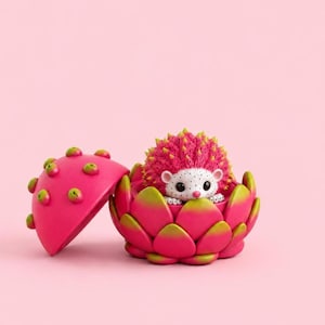 May include: A small white hedgehog figurine with black eyes and a pink nose, nestled inside a bright pink dragon fruit container. The container features a removable lid with green-tipped bumps, mimicking the exterior of a dragon fruit.