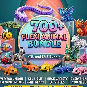 May include: A collection of colorful, articulated animal models, including dragons, a zebra, and a bee, are displayed on clear geometric pedestals. The central graphic reads "700+ FLEXI ANIMAL BUNDLE" with additional text indicating STL and 3MF file formats.