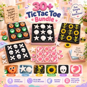 Op de afbeelding: Een 30+ Boter-kaas-en-eieren bundel met meerdere spelborden en speelstukken zoals monsters, schelpen, bijen, zonnebloemen, schedels en pixelvormen. De set bevat tekst met 30+ Tic Tac Toe Bundle, Multiple Designs Endless Fun!, Fun Simple & Addictive! en Small Games Big Smiles.