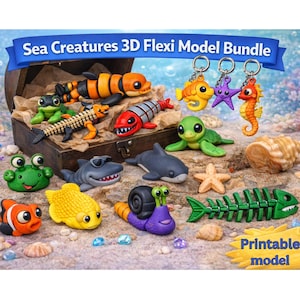 May include: A collection of colorful 3D-printed sea creature models, including fish, sharks, and a seahorse. The models are displayed on a sandy surface with a treasure chest and the text "Sea Creatures 3D Flexi Model Bundle."