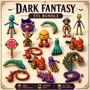 May include: A collection of 3D-printed Dark Fantasy STL models. The models include various fantasy creatures, such as dragons, goblins, and aliens, in vibrant colors. The image also includes the text "DARK FANTASY STL BUNDLE", "20+ UNIQUE MODELS", "3D PRINT READY", and "STL FILES FOR 3D PRINTING".