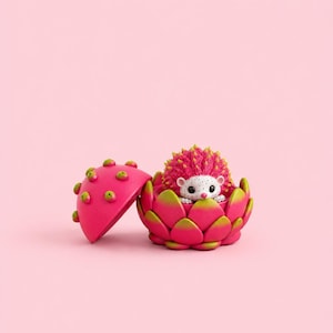 May include: A decorative figurine of a hedgehog with a pink and yellow spiky back, sitting inside a pink flower. The flower is open, revealing the hedgehog. The background is a solid pink colour.