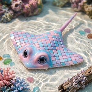 Può includere: Una statuina di razza colorata con un motivo a mosaico nei toni del rosa, blu e viola, immersa in acqua bassa. La statuina ha grandi occhi e una lunga coda. Coralli e piccole pietre circondano la razza, creando una scena marina.