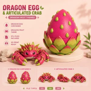 Pode incluir: Um recipiente de ovo de dragão impresso em 3D e uma figura de caranguejo articulado com tema de fruta do dragão. O ovo é rosa com escamas verdes e detalhes amarelos. O caranguejo é rosa com pontas amarelas nos espinhos e garras. Texto incluído.