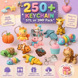 Puede incluir: Una colección de diseños de llaveros coloridos, incluyendo una jirafa, un león y una magdalena. La imagen presenta una variedad de llaveros de animales y objetos lindos, con el texto "250+ KEYCHAIN STL or 3MF Pack".
