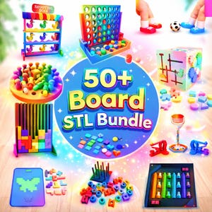 Op de afbeelding: Een verzameling kleurrijke bordspellen en puzzels, waaronder een eendjesschietspel, een vier-op-een-rij-spel en een verscheidenheid aan andere strategie- en behendigheidsspellen. De afbeelding bevat de tekst "50+ Board STL Bundle".