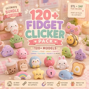 Può includere: Una pubblicità digitale per un pacchetto di 120+ Fidget Clicker con vari piccoli giocattoli colorati e dall'aspetto plastico stampati in 3D, tra cui un gatto, un cactus, un'ape, una nuvola, un axolotl, un pinguino, una fragola, un coniglio, una stella, un cuore e una balena.