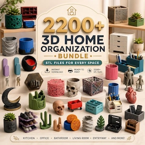 Puede incluir: Una colección digital de más de 2200 archivos STL de organización del hogar en 3D que incluye varios objetos impresos como macetas, organizadores de escritorio, ganchos de pared, contenedores de calaveras y cajas de almacenamiento en varios colores.
