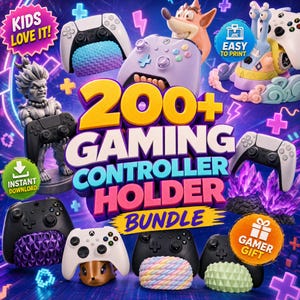 Op de afbeelding: Een digitale afbeelding voor een bundel van 200+ gamecontrollerhouders met diverse 3D-geprinte standaards in de vorm van personages en geometrische figuren, met controllers in een levendige neon-omgeving en tekst.