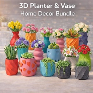 May include: A collection of colorful 3D-printed planters and vases, each holding flowers or succulents. The planters come in various shapes and colors, including red, orange, pink, blue, and gray. The text "3D Planter & Vase Home Decor Bundle" is at the top.