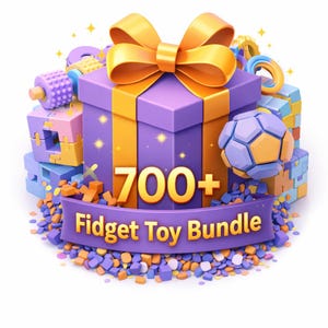 May include: A vibrant image showcases a purple gift box with a large orange bow, adorned with vertical orange stripes. The text "700+ Fidget Toy Bundle" is displayed on a banner. Various colorful fidget toys surround the box, including cubes and spheres.