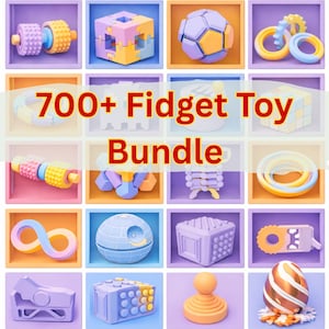 以下が含まれることがあります： 立方体、球体、リングなど、個別の正方形のコンパートメントに配置された、カラフルなフィジェットおもちゃのコレクション。画像には「700+ Fidget Toy Bundle」というテキストが表示されています。おもちゃは紫、青、黄色、オレンジなど、さまざまな色です。