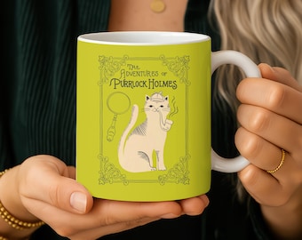 Bookish Cat Mug, Sherlock Holmes Coffee Cup, Mystery Reader Gift