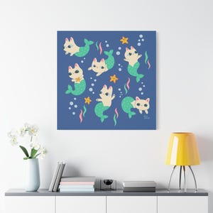 Purrmaids Art Print, Cat Mermaid Wall Art, Cute Cats Mermaids Nautical Decor, Kitty Poster Painting, Cat Theme Home Decor, Funny Beach Cats