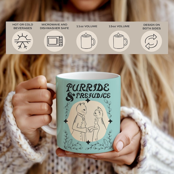 Purride & Prejudice-mok | Leesgrage kattenwoordspeling, klassieke literatuurwoordspeling met katten, mok boekenliefhebber, leesgrage geschenken, Jane Austen Pride and Prejudice