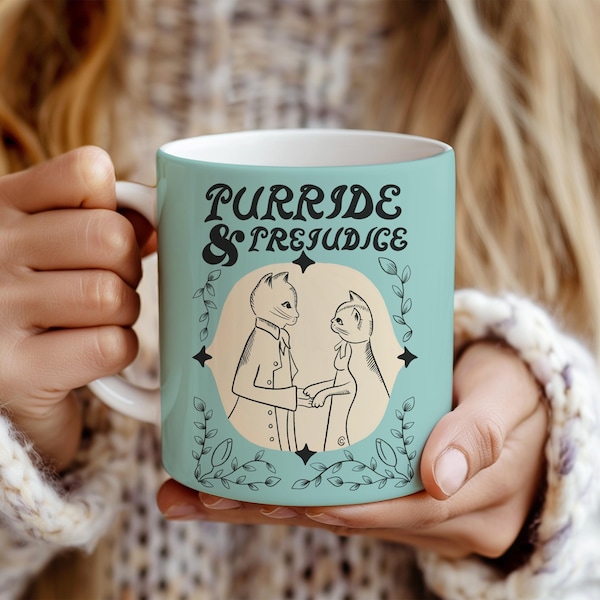 Taza "Purride & Prejudice" / Juego de palabras con gatos para amantes de los libros, juego de palabras con gatos, taza para amantes de los libros, regalos para amantes de los libros, Jane Austen: Orgullo y prejuicio
