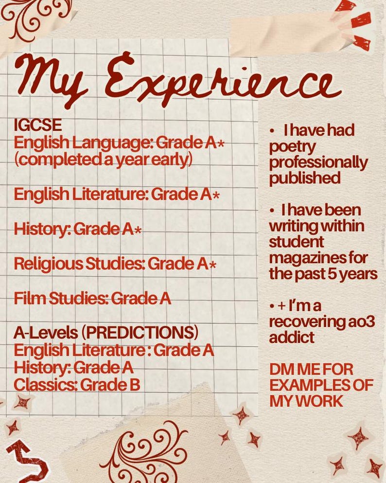 May include: A resume-style document with the title "My Experience" in red script. It lists academic achievements, including IGCSE and A-Level grades, and mentions published poetry and writing experience. The background is a grid pattern.