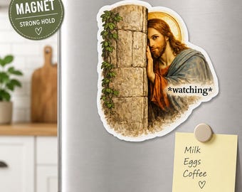 Jesus Watching Magnet | Funny Christian Refrigerator Magnet | Catholic Humor Gift | Religious Meme | Fridge Decor