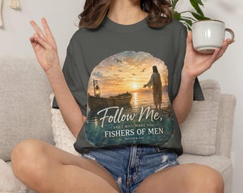 Follow Me Fishers of Men Matthew 4:19 T-Shirt | Jesus Fishing Boat Christian Apparel Bible Verse