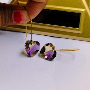 14K Gold Ametrine Heart Earrings: Purple & Yellow Bicolor Gemstone