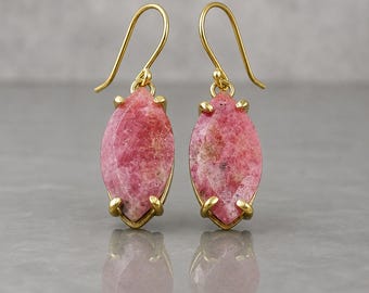 Sterling Silver Rhodochrosite Earrings, Marquise Pink Gemstone