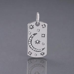 Moissanite Diamond Dog Tag Pendant Necklace, Diamond Moon Star 925 Silver Charm, Animal Jewelry