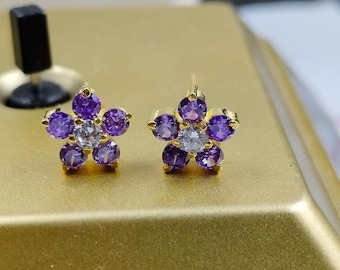 Tanzanite Flower Stud Earrings: Rose Cut Diamond, Sterling Silver