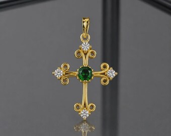 Emerald & Diamond Sterling Silver Cross Pendant: May Birthstone