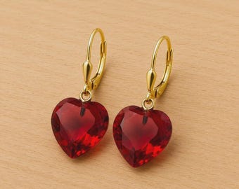 14K Gold Ruby Heart Earrings, July Birthstone, 925 Silver Jewelry