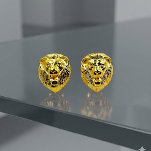 14K Gold Lion Stud Earrings: Tiny Leo Zodiac Animal Earrings