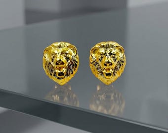 14K Gold Lion Stud Earrings: Tiny Leo Zodiac Animal Earrings