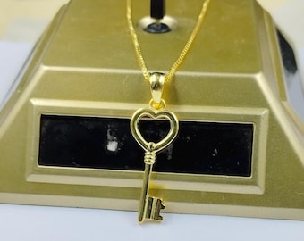Heart Key Necklace, Dainty Sterling Silver, Love Key Charm