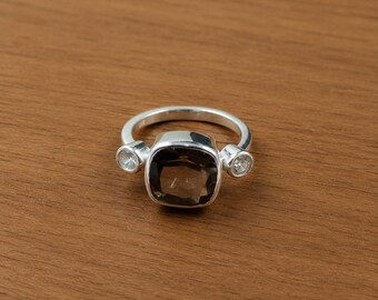 Handmade Smoky Quartz 925 Sterling Silver Ring – Cushion Cut Moissanite Signet