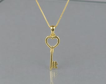 Heart Key Necklace, Dainty Sterling Silver, Love Key Charm