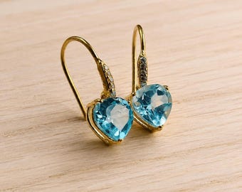 Topaz Heart Earrings, Topaz  Diamond Drop Earrings, Gold Fill Blue Topaz Birthstone Earrings, Gemstone 925 Sterling Dainty Earrings Jewelry