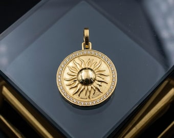 14K Gold Diamond Sunburst Necklace: Celestial Charm Pendant