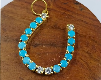 Handmade Diamond & Turquoise Horseshoe Pendant: 925 Sterling Silver Charm