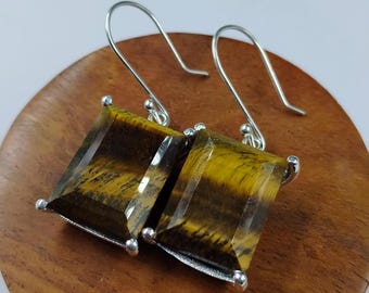 Tiger's Eye Dangle Earrings: Handmade 925 Sterling Silver Gemstone