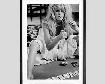 Woman Smoking and Play Card Poster, Black and White Photography Print, Vintage Glamour Wall Art, Fine Art Poster, Classic Hollywood Style