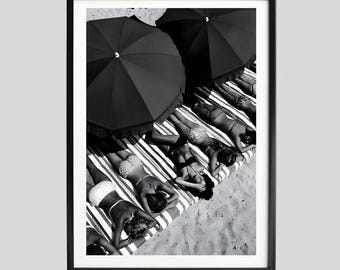 Beach Sunbathing Wall Art, Black and White Photography Print, Chic Coastal Fine Art Poster, Vintage Summer Aesthetic Decor for Home