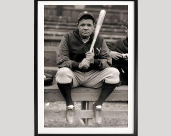 Babe Ruth Baseball Poster, Black and White Vintage Photography, New York Yankees Legend, Classic Sports History Wall Art